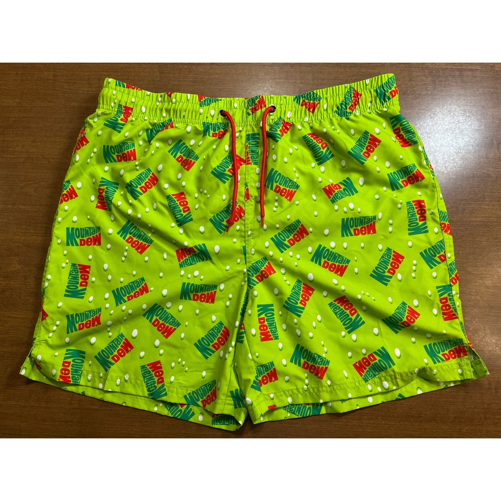 Mountain Dew Swim Trunks Shorts Green Red Men's XL‎ Vacation Swimwear Lined